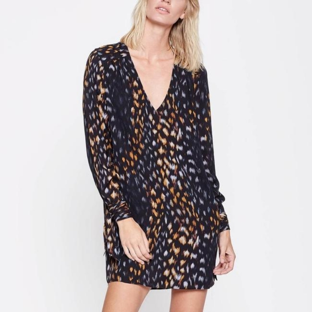 Equipment 100% Silk Black Leopard Print Long Tie Sleeves Mini Dress S NEW